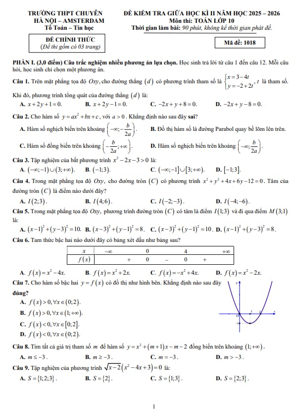 Tài liệu đề giữa học kì 2 toán 10 năm 2025 – 2026 trường thpt chuyên hà nội – amsterdam