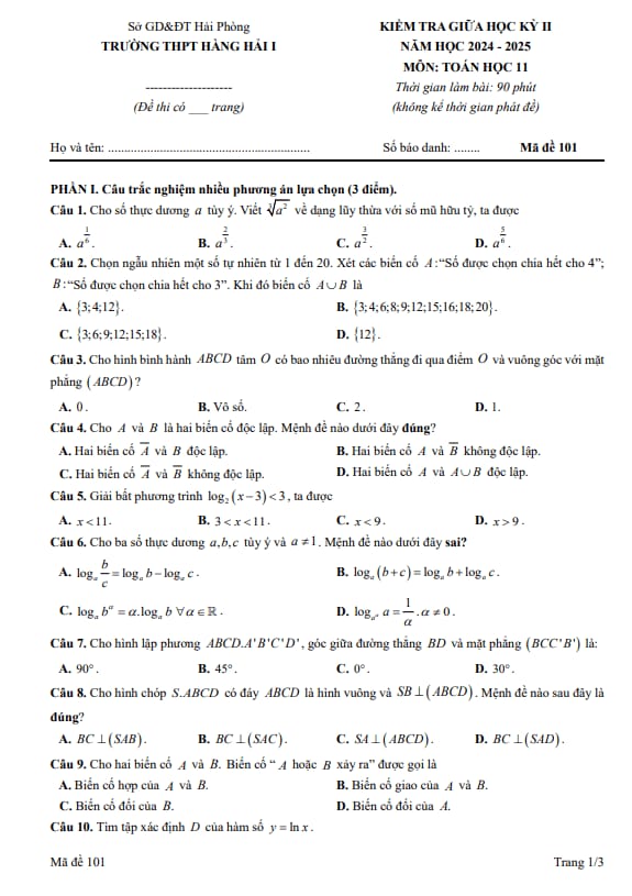 đề giữa học kì 2 toán 11 năm 2024 – 2025 trường thpt hàng hải 1 – hải phòng