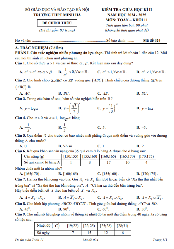 đề giữa học kì 2 toán 11 năm 2024 – 2025 trường thpt minh hà – hà nội
