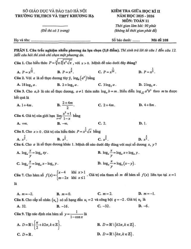 đề giữa học kì 2 toán 11 năm 2025 – 2026 trường khương hạ – hà nội