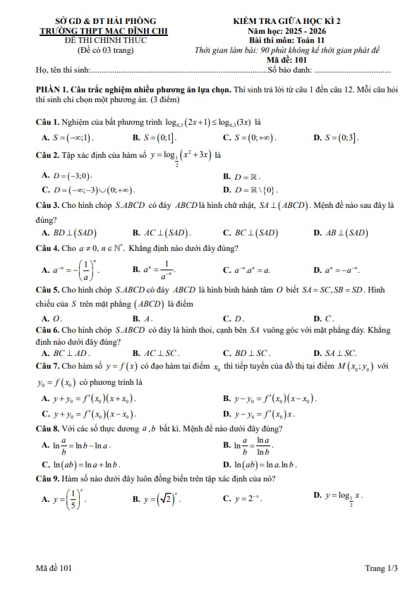 đề giữa học kì 2 toán 11 năm 2025 – 2026 trường thpt mạc đĩnh chi – hải phòng