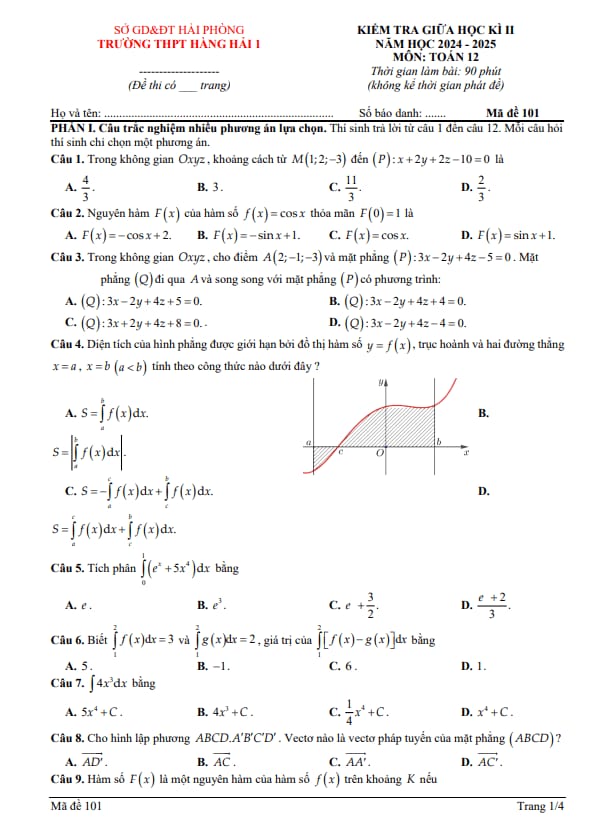 đề giữa học kì 2 toán 12 năm 2024 – 2025 trường thpt hàng hải 1 – hải phòng