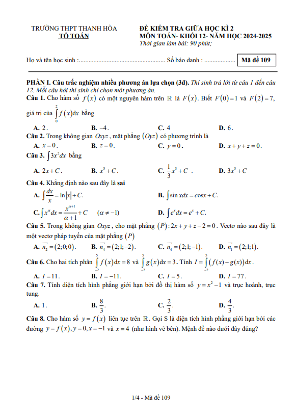 đề giữa học kì 2 toán 12 năm 2024 – 2025 trường thpt thanh hòa – bình phước