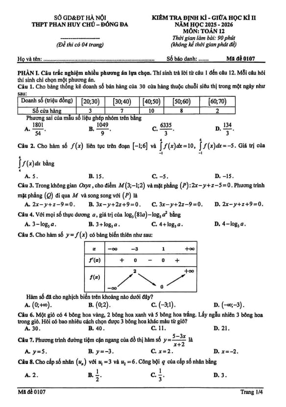 đề giữa học kì 2 toán 12 năm 2025 – 2026 trường thpt phan huy chú – hà nội