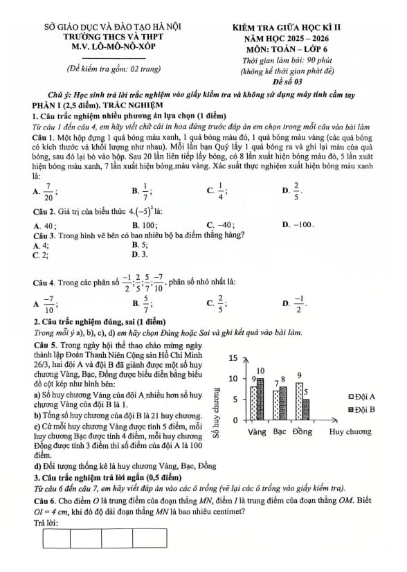đề giữa học kì 2 toán 6 năm 2025 – 2026 trường m.v. lômônôxốp – hà nội