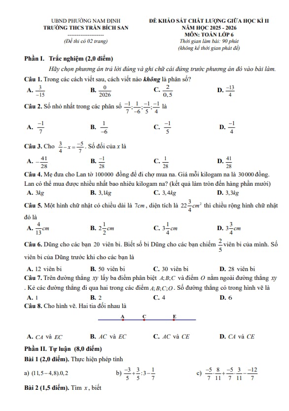 đề giữa học kì 2 toán 6 năm 2025 – 2026 trường thcs trần bích san – ninh bình