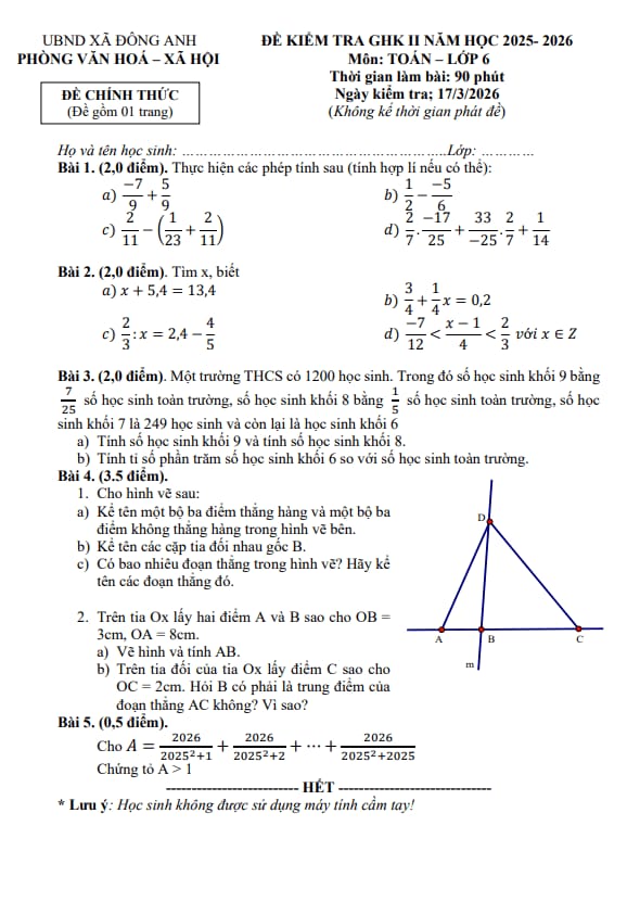 đề giữa học kì 2 toán 6 năm 2025 – 2026 xã đông anh – hà nội