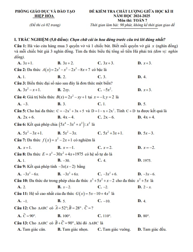 đề giữa học kì 2 toán 7 năm 2024 – 2025 phòng gd&đt hiệp hòa – bắc giang