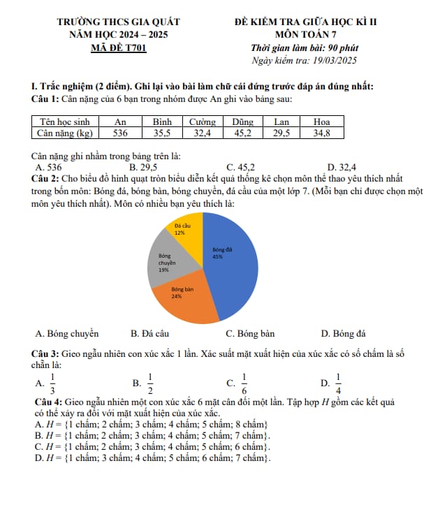 đề giữa học kì 2 toán 7 năm 2024 – 2025 trường thcs gia quất – hà nội