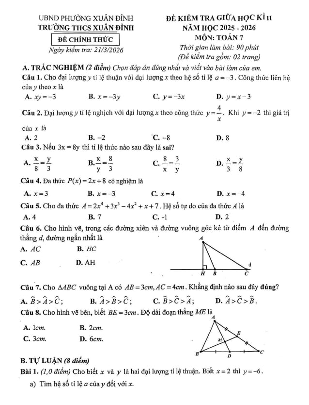 đề giữa học kì 2 toán 7 năm 2025 – 2026 trường thcs xuân đỉnh – hà nội