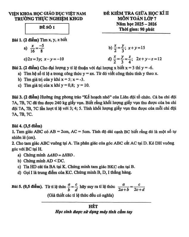 Tài liệu đề giữa học kì 2 toán 7 năm 2025 – 2026 trường thực nghiệm khgd – hà nội