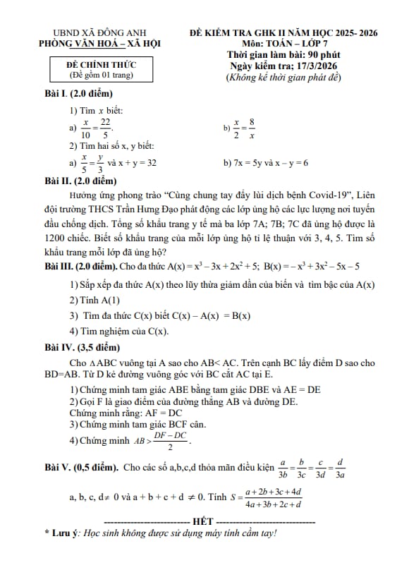 đề giữa học kì 2 toán 7 năm 2025 – 2026 xã đông anh – hà nội