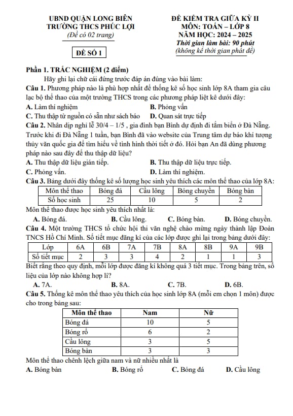 Tài liệu đề giữa học kì 2 toán 8 năm 2024 – 2025 trường thcs phúc lợi – hà nội