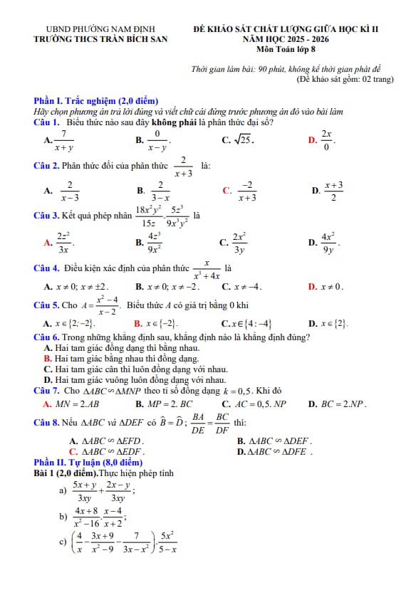 đề giữa học kì 2 toán 8 năm 2025 – 2026 trường thcs trần bích san – ninh bình