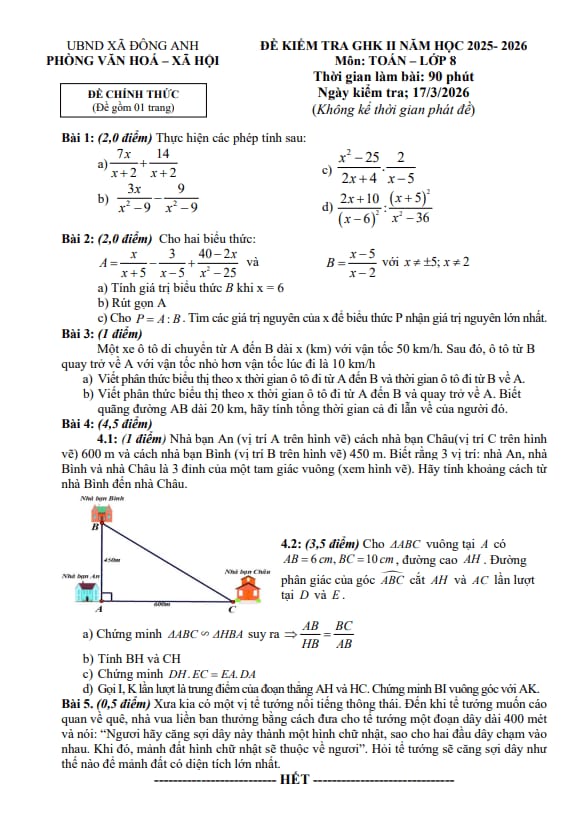 đề giữa học kì 2 toán 8 năm 2025 – 2026 xã đông anh – hà nội