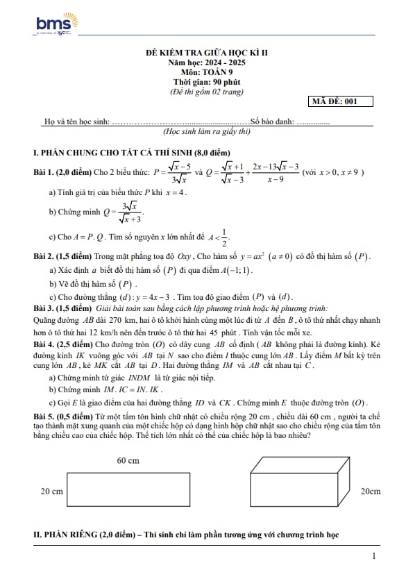 Tài liệu đề giữa học kì 2 toán 9 năm 2024 – 2025 trường ban mai school – hà nội