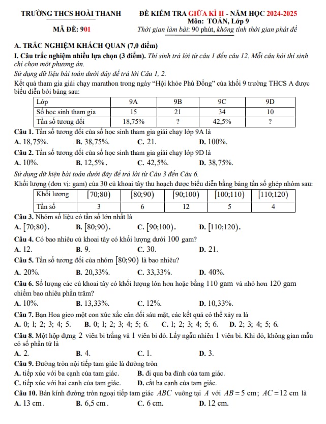 đề giữa học kì 2 toán 9 năm 2024 – 2025 trường thcs hoài thanh – bình định
