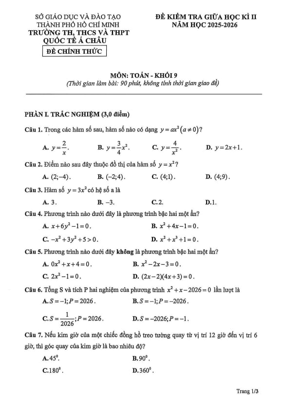 đề giữa học kì 2 toán 9 năm 2025 – 2026 trường quốc tế á châu – tp hcm