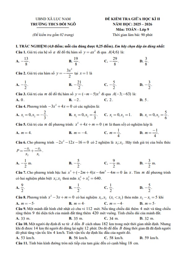 Tài liệu đề giữa học kì 2 toán 9 năm 2025 – 2026 trường thcs đồi ngô – bắc ninh