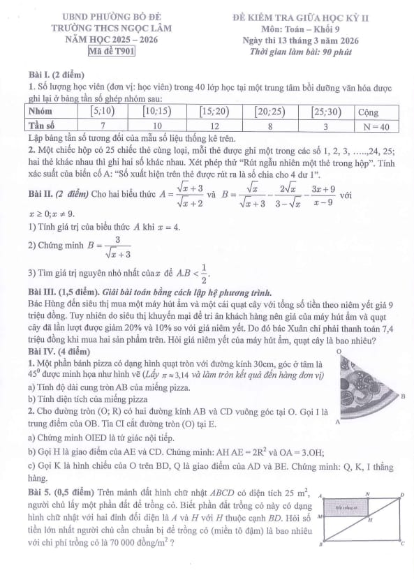Tài liệu đề giữa học kì 2 toán 9 năm 2025 – 2026 trường thcs ngọc lâm – hà nội