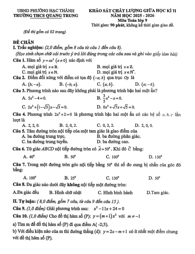 đề giữa học kì 2 toán 9 năm 2025 – 2026 trường thcs quang trung – thanh hóa