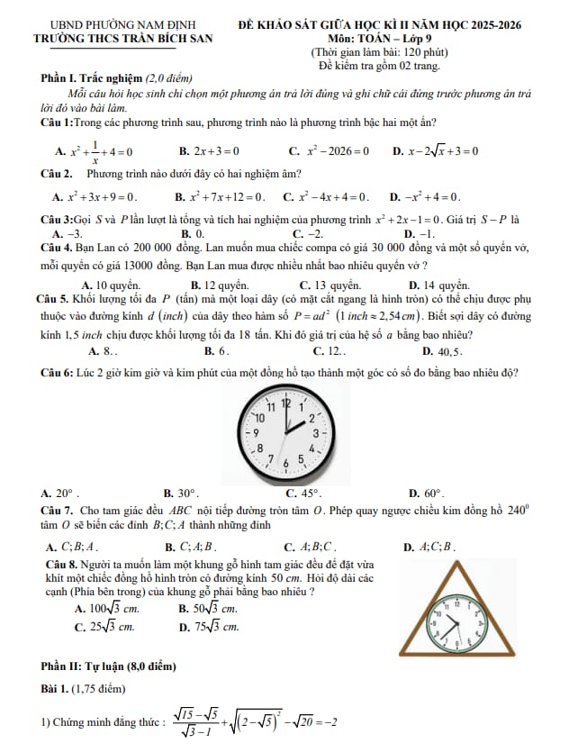 Tài liệu đề giữa học kì 2 toán 9 năm 2025 – 2026 trường thcs trần bích san – ninh bình