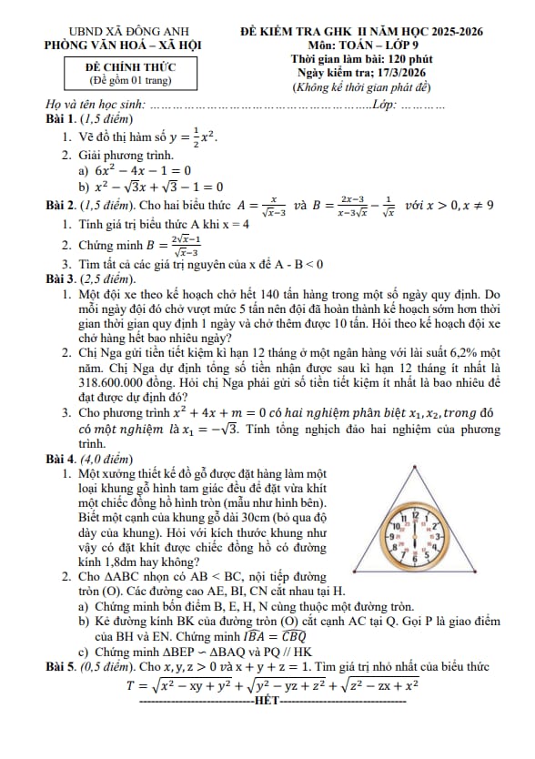 đề giữa học kì 2 toán 9 năm 2025 – 2026 xã đông anh – hà nội