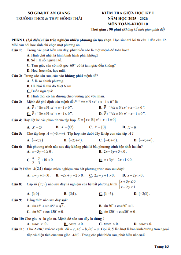 đề giữa học kỳ 1 toán 10 năm 2025 – 2026 trường đông thái – an giang