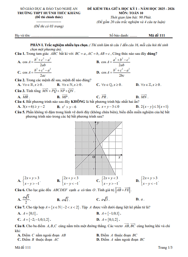 đề giữa học kỳ 1 toán 10 năm 2025 – 2026 trường thpt huỳnh thúc kháng – nghệ an