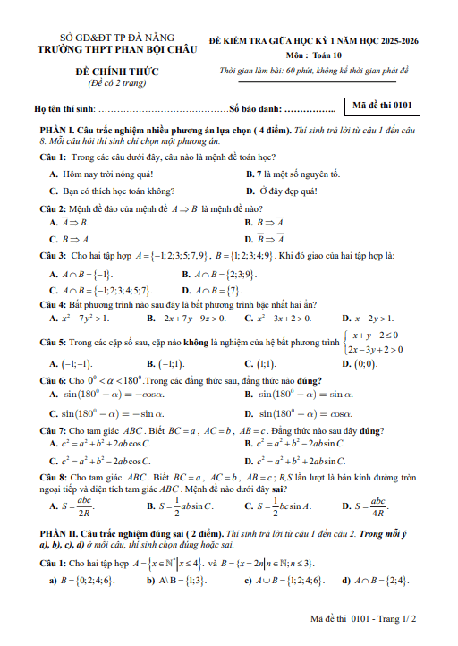 đề giữa học kỳ 1 toán 10 năm 2025 – 2026 trường thpt phan bội châu – đà nẵng