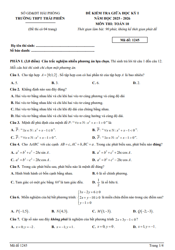 đề giữa học kỳ 1 toán 10 năm 2025 – 2026 trường thpt thái phiên – hải phòng