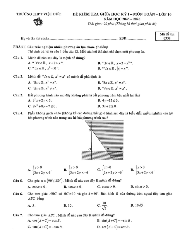 đề giữa học kỳ 1 toán 10 năm 2025 – 2026 trường thpt việt đức – hà nội