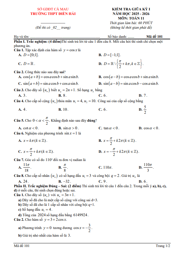 đề giữa học kỳ 1 toán 11 năm 2025 – 2026 trường thpt điền hải – cà mau