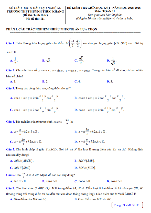 đề giữa học kỳ 1 toán 11 năm 2025 – 2026 trường thpt huỳnh thúc kháng – nghệ an