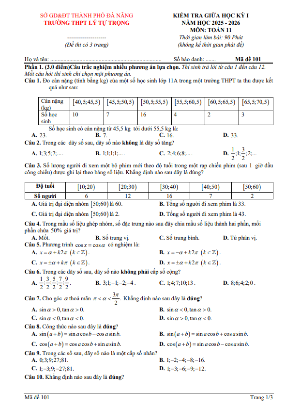 đề giữa học kỳ 1 toán 11 năm 2025 – 2026 trường thpt lý tự trọng – đà nẵng