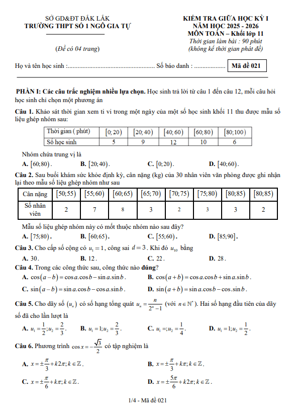 đề giữa học kỳ 1 toán 11 năm 2025 – 2026 trường thpt ngô gia tự 1 – đắk lắk