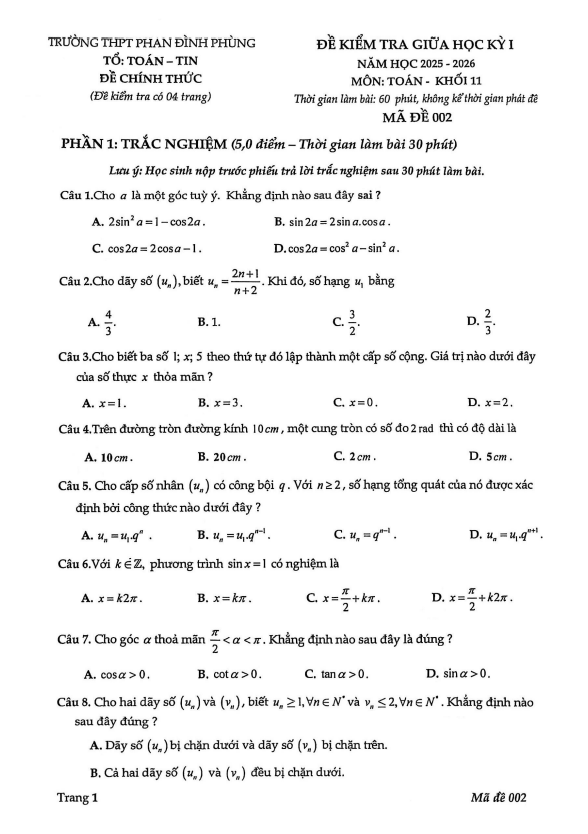 đề giữa học kỳ 1 toán 11 năm 2025 – 2026 trường thpt phan đình phùng – hà nội