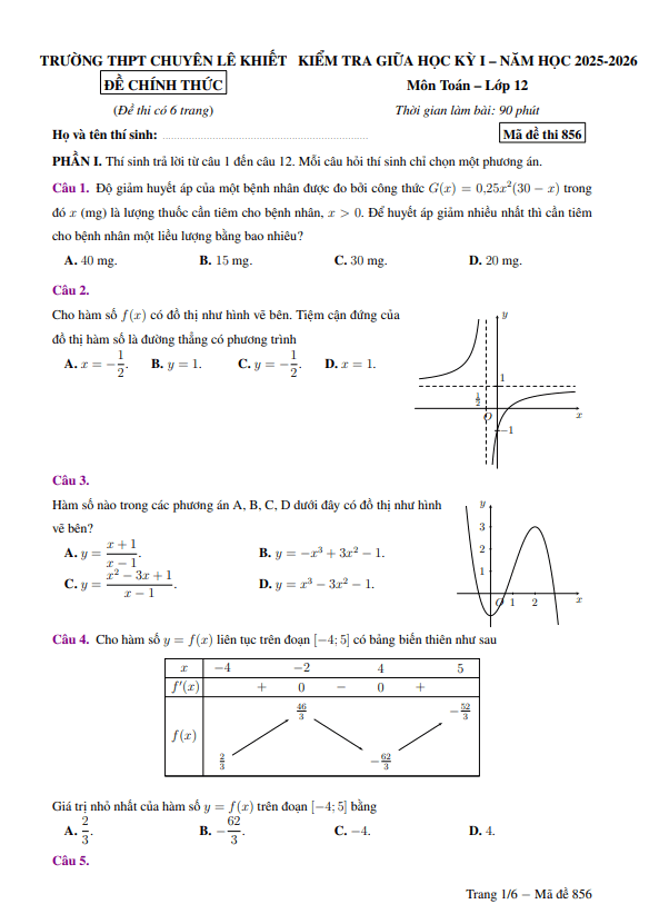 đề giữa học kỳ 1 toán 12 năm 2025 – 2026 trường chuyên lê khiết – quảng ngãi