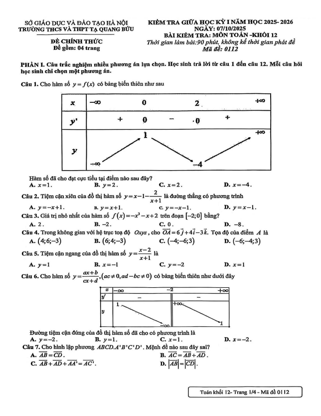 đề giữa học kỳ 1 toán 12 năm 2025 – 2026 trường tạ quang bửu – hà nội