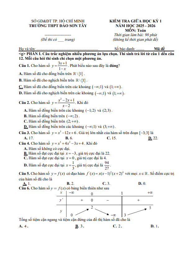 đề giữa học kỳ 1 toán 12 năm 2025 – 2026 trường thpt đào sơn tây – tp hcm