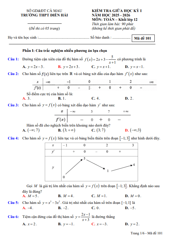 đề giữa học kỳ 1 toán 12 năm 2025 – 2026 trường thpt điền hải – cà mau