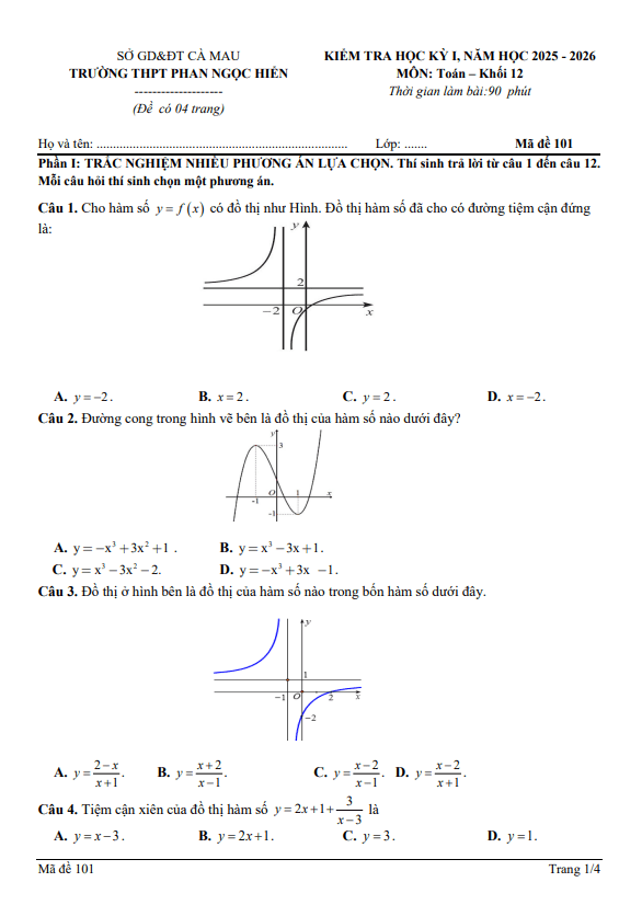 đề giữa học kỳ 1 toán 12 năm 2025 – 2026 trường thpt phan ngọc hiển – cà mau