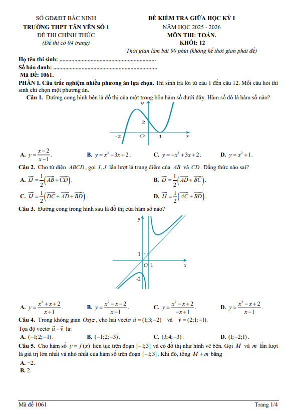 đề giữa học kỳ 1 toán 12 năm 2025 – 2026 trường thpt tân yên 1 – bắc ninh