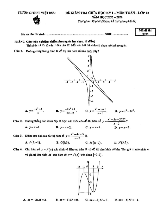 đề giữa học kỳ 1 toán 12 năm 2025 – 2026 trường thpt việt đức – hà nội