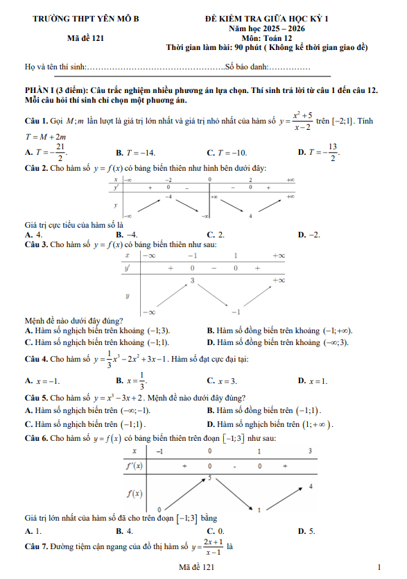 đề giữa học kỳ 1 toán 12 năm 2025 – 2026 trường thpt yên mô b – ninh bình