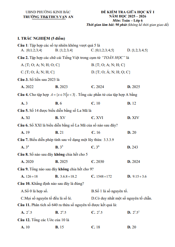 đề giữa học kỳ 1 toán 6 năm 2025 – 2026 trường th&thcs vạn an – bắc ninh