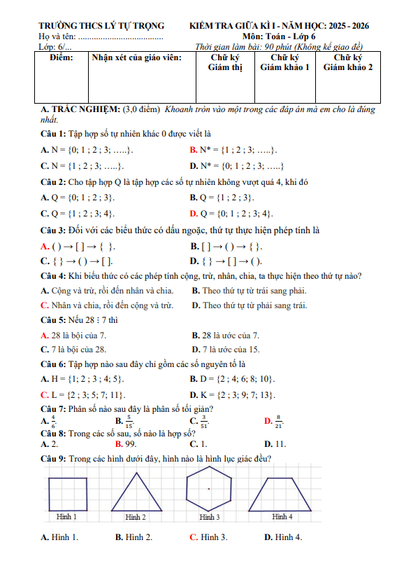 đề giữa học kỳ 1 toán 6 năm 2025 – 2026 trường thcs lý tự trọng – đà nẵng