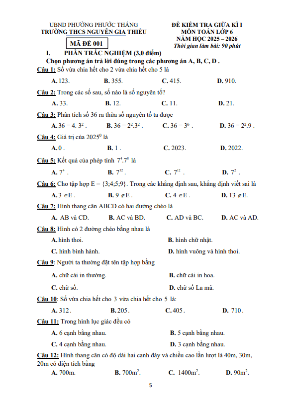 đề giữa học kỳ 1 toán 6 năm 2025 – 2026 trường thcs nguyễn gia thiều – tp hcm