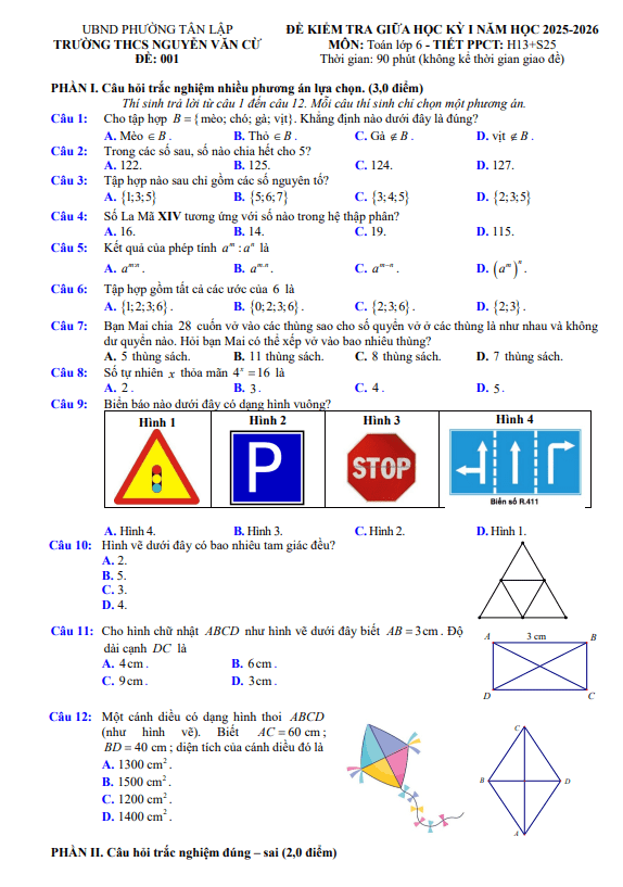đề giữa học kỳ 1 toán 6 năm 2025 – 2026 trường thcs nguyễn văn cừ – đắk lắk