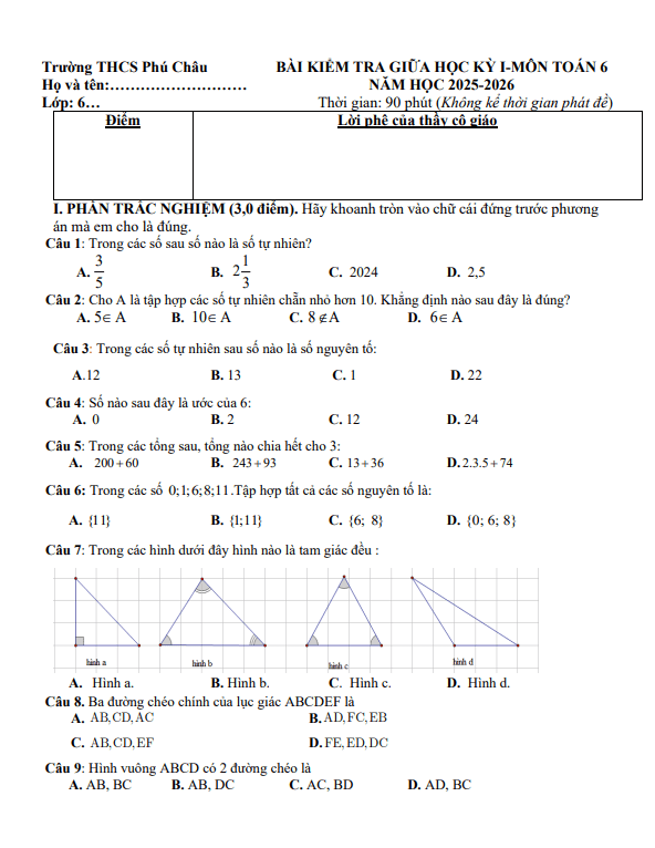 đề giữa học kỳ 1 toán 6 năm 2025 – 2026 trường thcs phú châu – hà nội